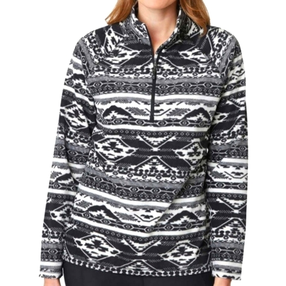EDDIE BAUER 1/4 Zip Fleece Pullover Fossil Aztec Design Black White Women's M - Picture 1 of 7